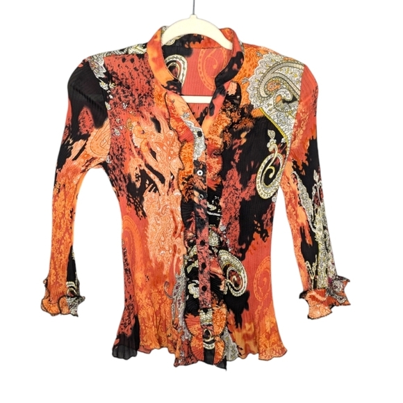 Y2k ruffled Renaissance abstract pattern long sleeve button up shirt womens XS - Picture 1 of 6
